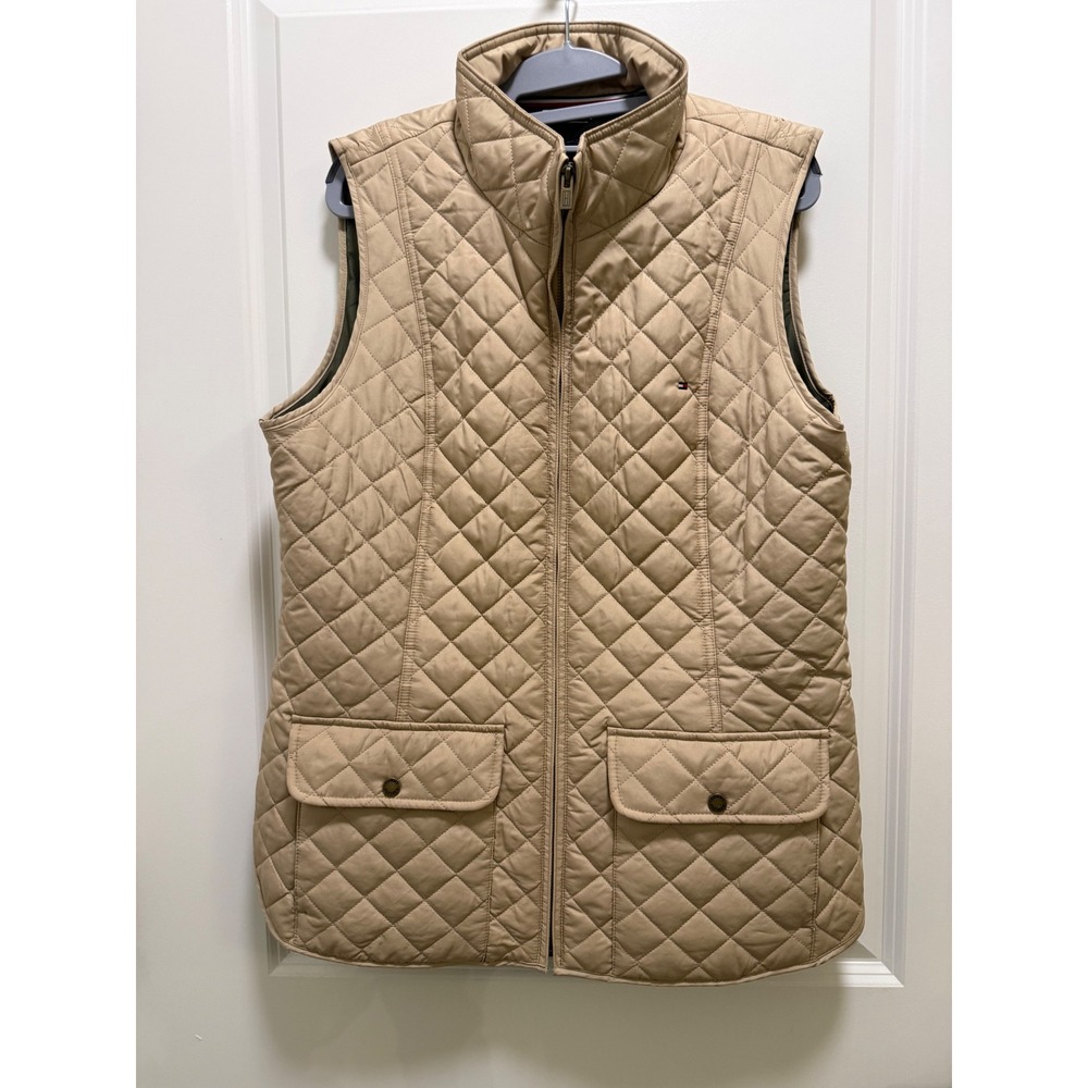Tommy Hilfiger Tan Quilted Vest Diamond Stitch Zip Front Beige Womens Medium